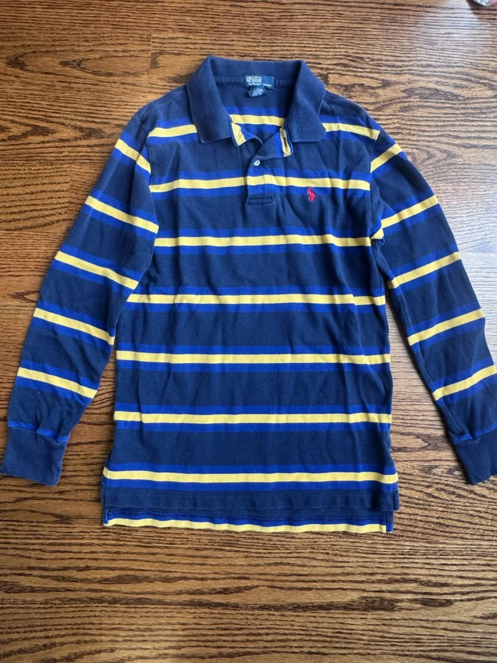 Ralph Lauren Navy and Yellow Striped Kids Polo long Collared shirt M 12 / 14